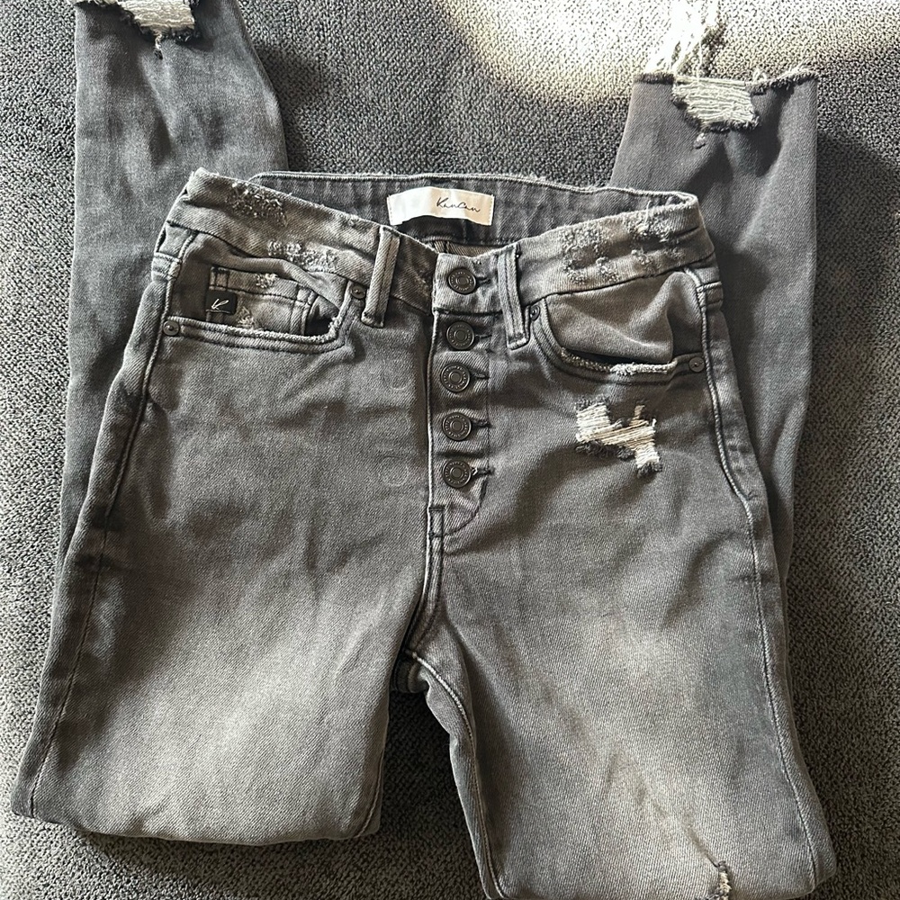 KanCan Women's Button-Fly Distressed Gray Skinny Jeans